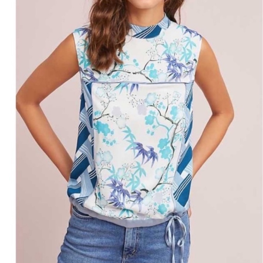 Anthropologie Tiny Evelyn Mock Floral Tie Waist Tank Blue